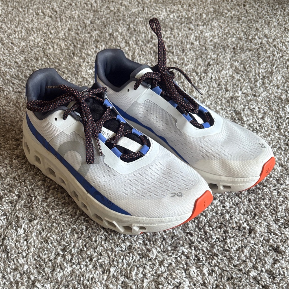 On Cloudmonster Athletic Shoes - White, Blue, and Orange - Sz 10